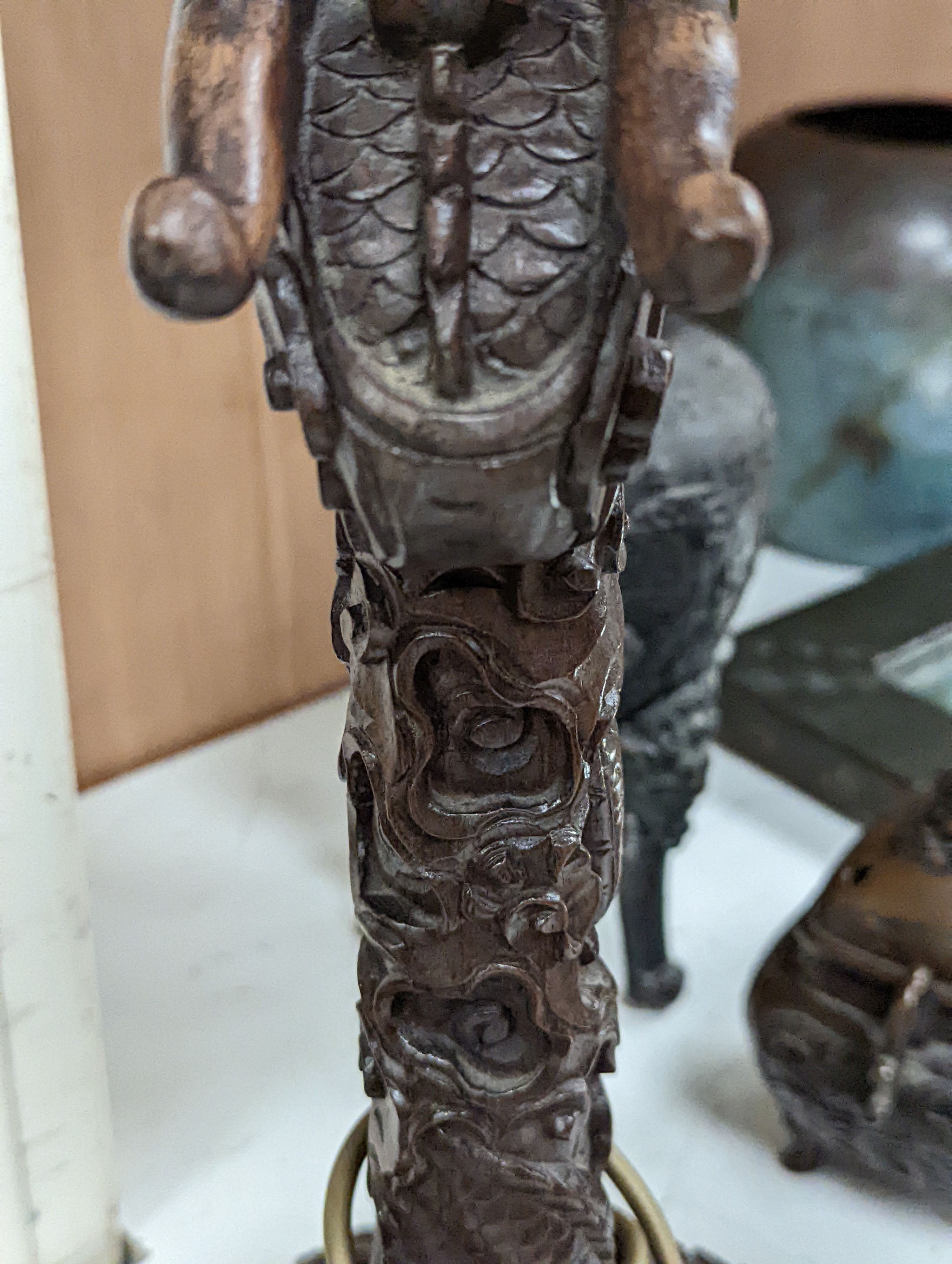 A pair of Chinese carved hongmu dragon lamps - 40cm tall